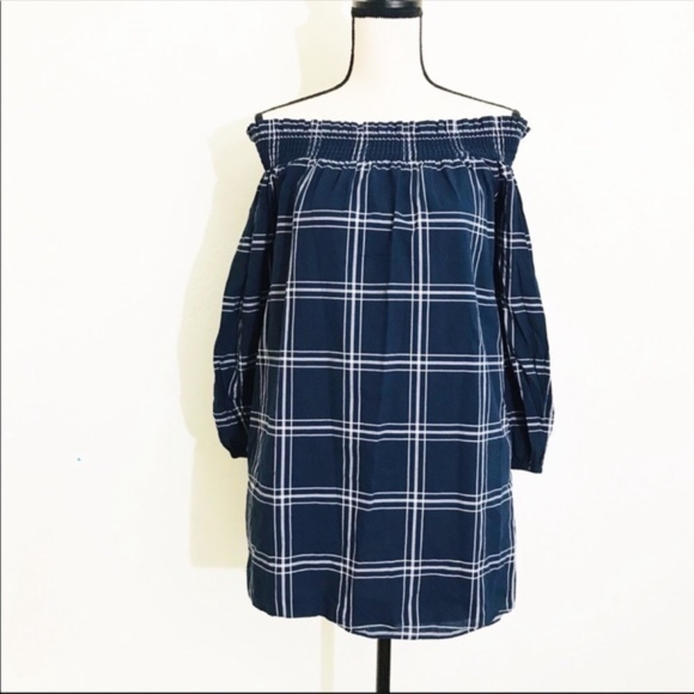 Abercrombie & Fitch Plaid Off Shoulder Casual Dress Size XS Blue/White